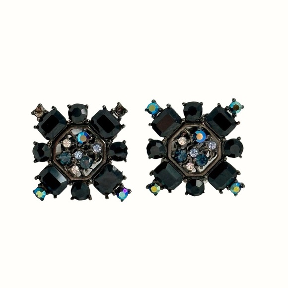 GIVENCHY Vintage Signed 80s AB Crystal Geometric Runway Clip On Earrings - Picture 3 of 6